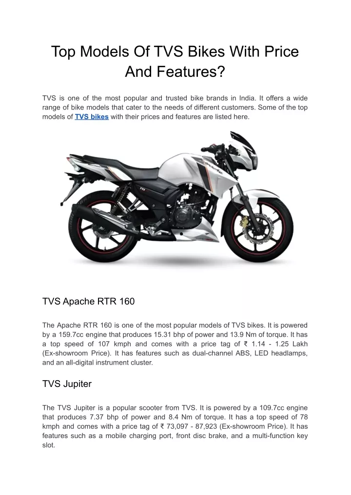 top models of tvs bikes with price and features