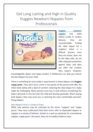 Get Long Lasting and High in Quality Huggies Newborn Nappies from Professionals