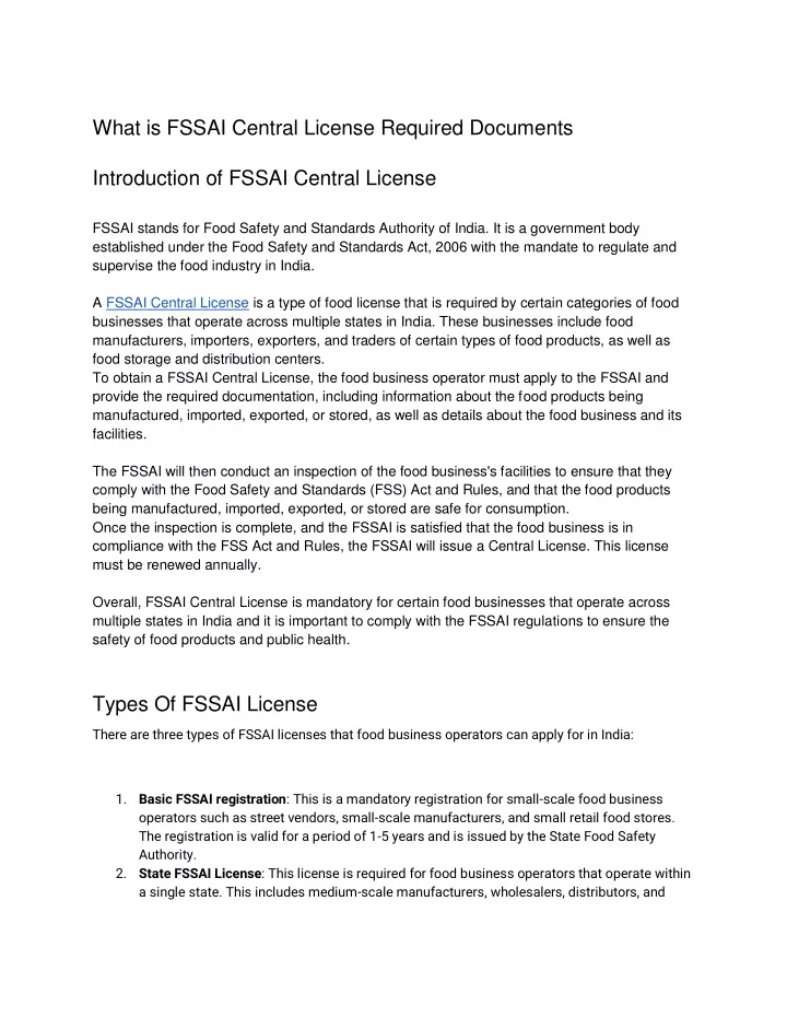 what is fssai central license required documents
