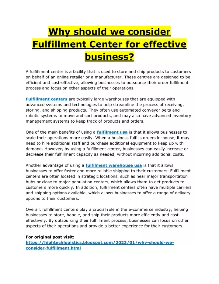 why should we consider fulfillment center