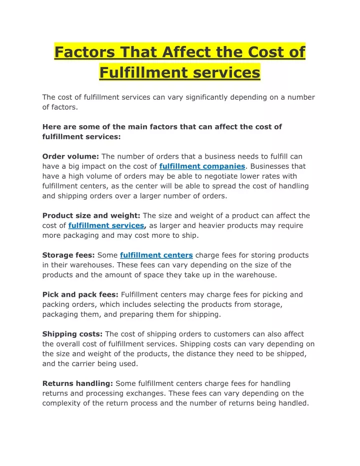 factors that affect the cost of fulfillment
