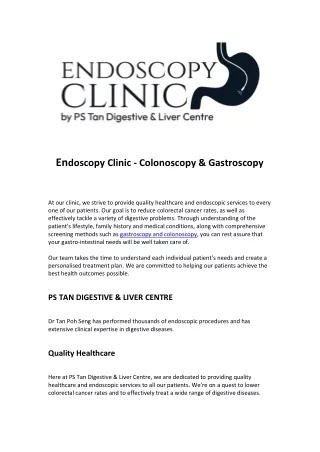 Colonoscopy screening singapore | Endoscopy Clinic - Colonoscopy & Gastroscopy