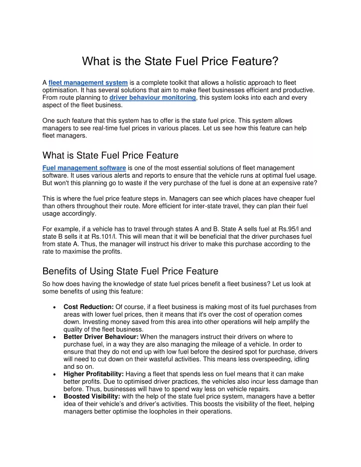 what is the state fuel price feature