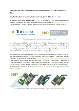 NXP Semiconductors elevates Toradex to Platinum Partner status