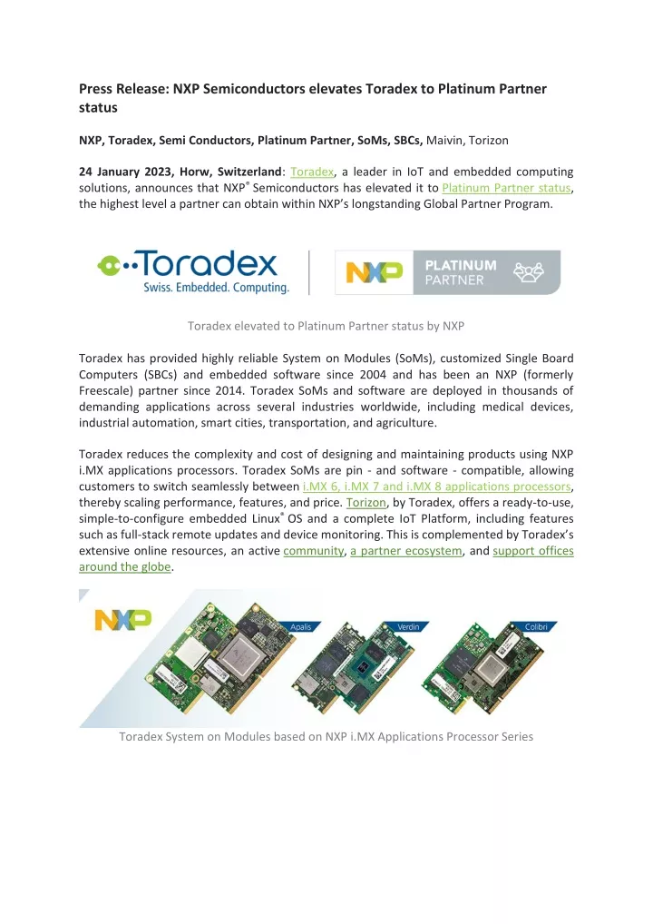 press release nxp semiconductors elevates toradex