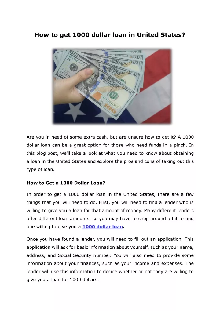 how to get 1000 dollar loan in united states