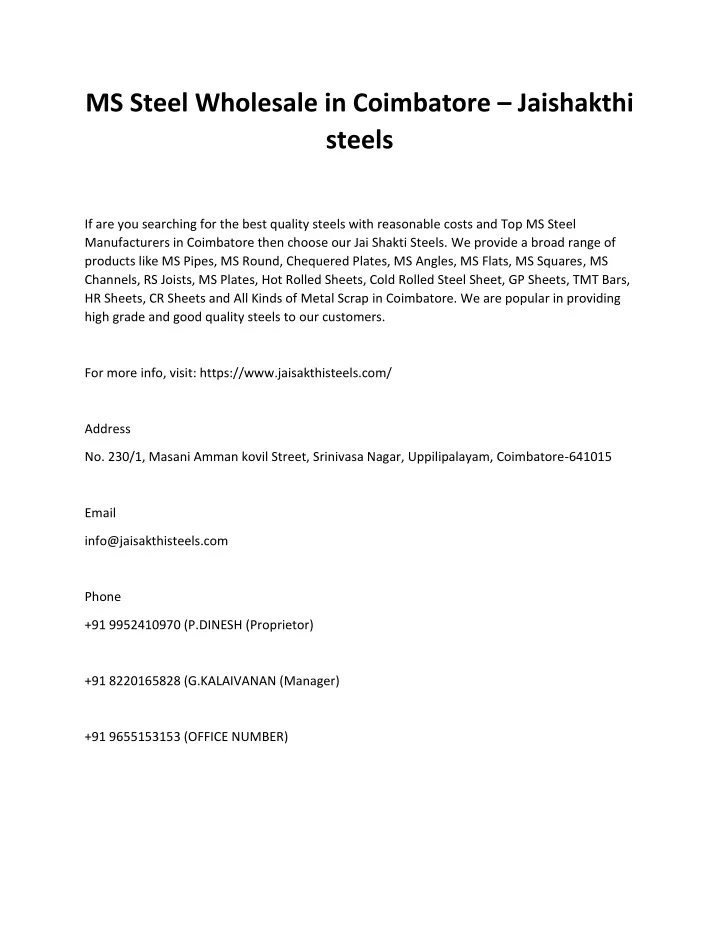 ms steel wholesale in coimbatore jaishakthi steels