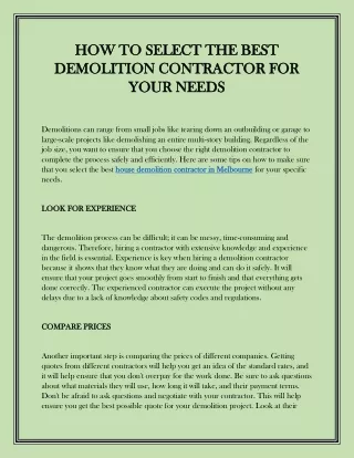 HOW TO SELECT THE BEST DEMOLITION CONTRACTOR FOR YOUR NEEDS