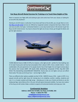 Van Nuys Aircraft Rental Services for Training or to Touch New Heights of Sky