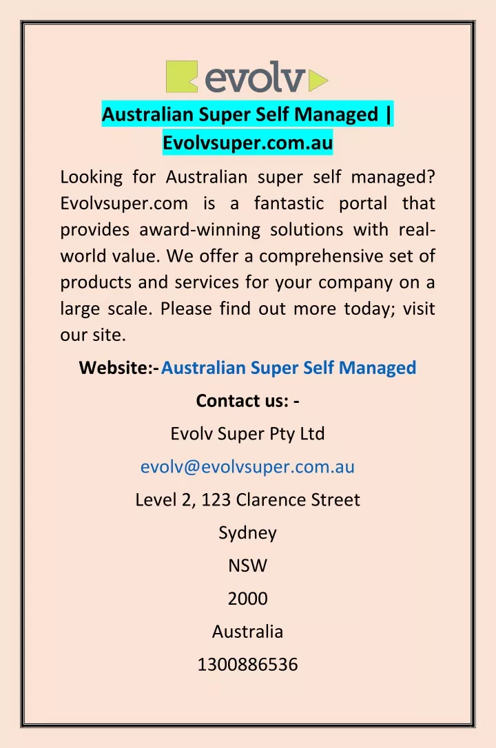 australian super self managed evolvsuper com au