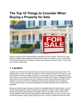 The Top 10 Things to Consider When Buying a Property for Sale