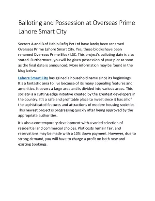Balloting and Possession at Overseas Prime Lahore Smart City