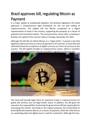 Mark Tencaten | Brazil approves bill, regulating Bitcoin as Payment