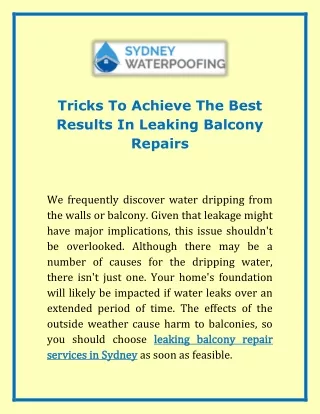 Tricks To Achieve The Best Results In Leaking Balcony Repairs