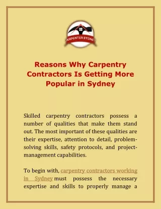 Reasons Why Carpentry Contractors Is Getting More Popular in Sydney