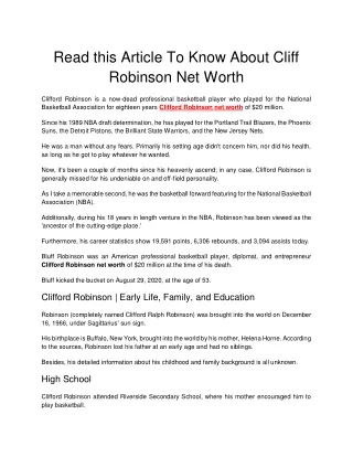 Read this Article To Know About Cliff Robinson Net Worth