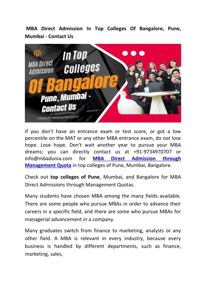 mba direct admission in top colleges of bangalore