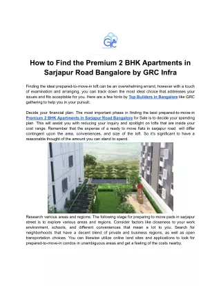 How to Find the Premium 2 BHK Apartments in Sarjapur Road Bangalore by GRC Infra