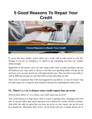 5 Good Reasons To Repair Your Credit