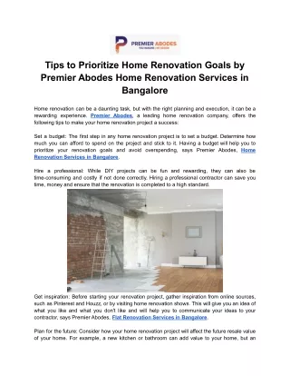 Tips to Prioritize Home Renovation Goals by Premier Abodes Home Renovation Services in Bangalore