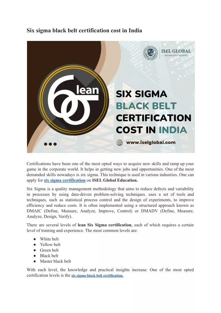 six sigma black belt certification cost in india