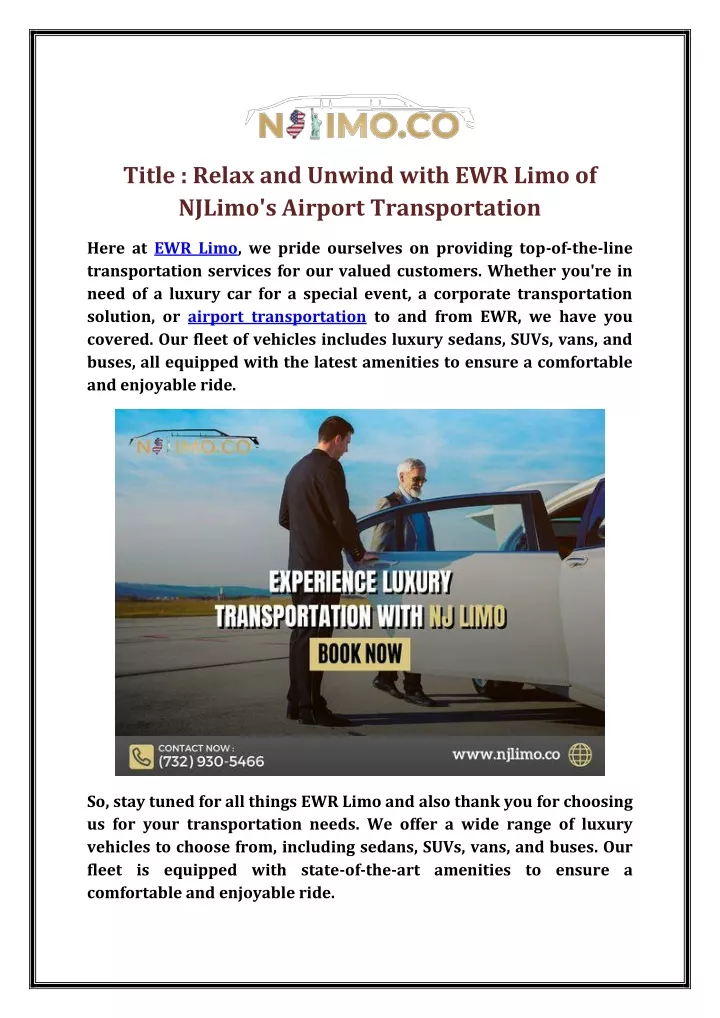 title relax and unwind with ewr limo of njlimo