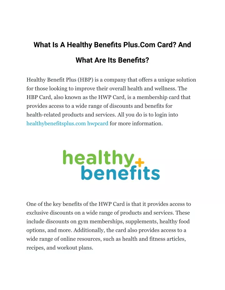 what is a healthy benefits plus com card and