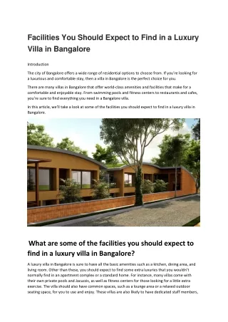 Facilities You Should Expect to Find in a Luxury Villa in Bangalore