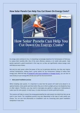 How Solar Panels Can Help You Cut Down On Energy Costs?