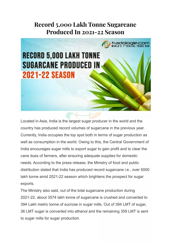 record 5 000 lakh tonne sugarcane produced
