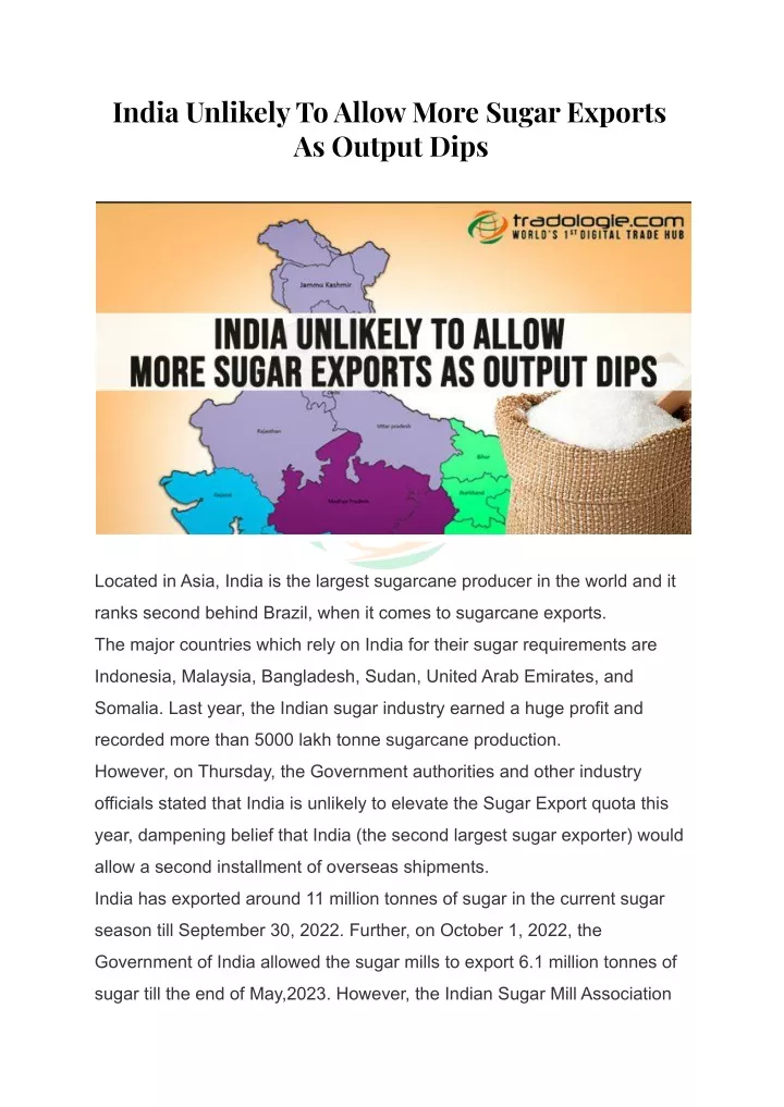 india unlikely to allow more sugar exports