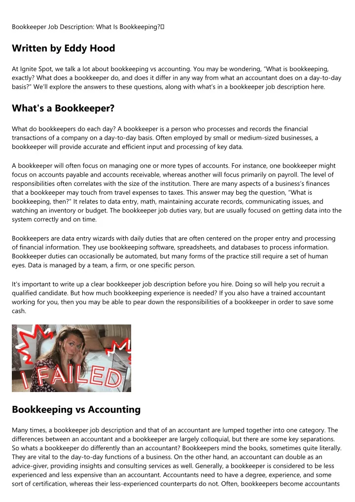 bookkeeper job description what is bookkeeping