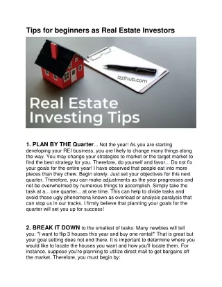 Tips for beginners as Real Estate Investors