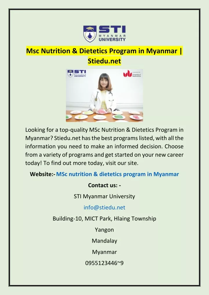 msc nutrition dietetics program in myanmar stiedu