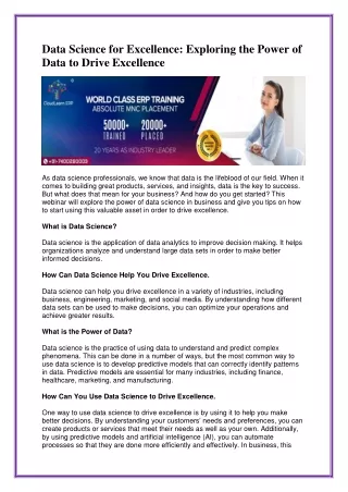 Data Science for Excellence Exploring the Power of Data to Drive Excellence