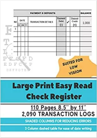 Large Print Easy Read Check Register 8 5 by 11 110 Pages with 2090 transaction logs