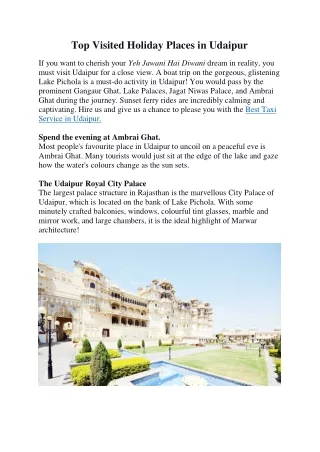 Top Visited Holiday Places in Udaipur - Atithi cab