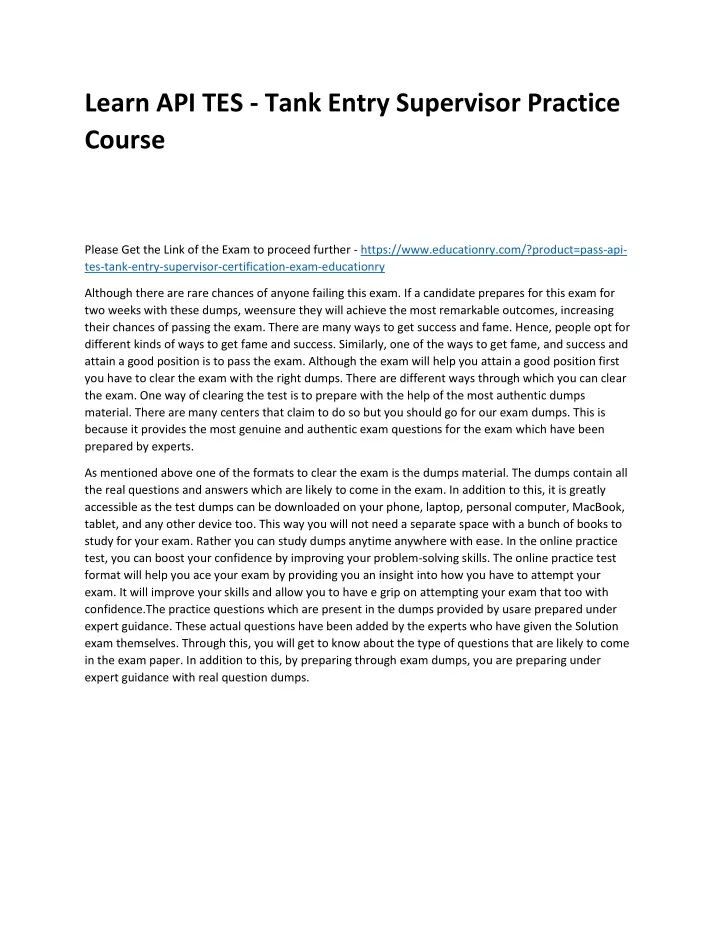 learn api tes tank entry supervisor practice