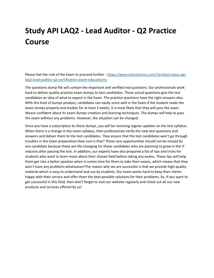 study api laq2 lead auditor q2 practice course