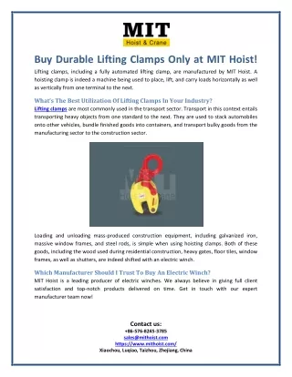 Buy Durable Lifting Clamps Only at MIT Hoist!