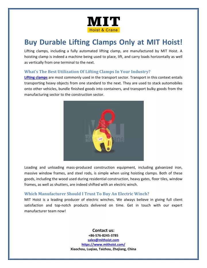 buy durable lifting clamps only at mit hoist