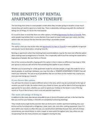 THE BENEFITS OF RENTAL APARTMENTS IN TENERIFE