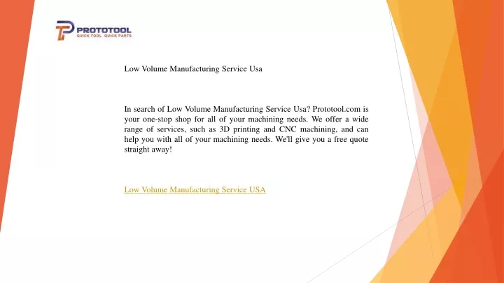 low volume manufacturing service usa in search