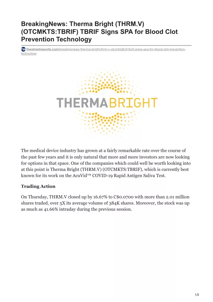 breakingnews therma bright thrm v otcmkts tbrif