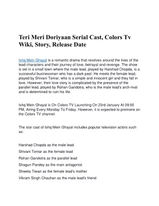 Teri Meri Doriyaan Serial Cast, Colors Tv Wiki, Story, Release Date