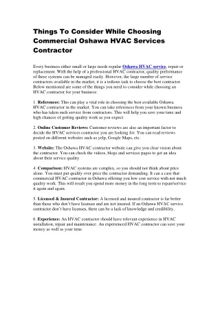 Things To Consider While Choosing Commercial Oshawa HVAC Services Contractor