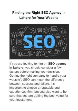 Finding the Right SEO Agency in Lahore for Your Website