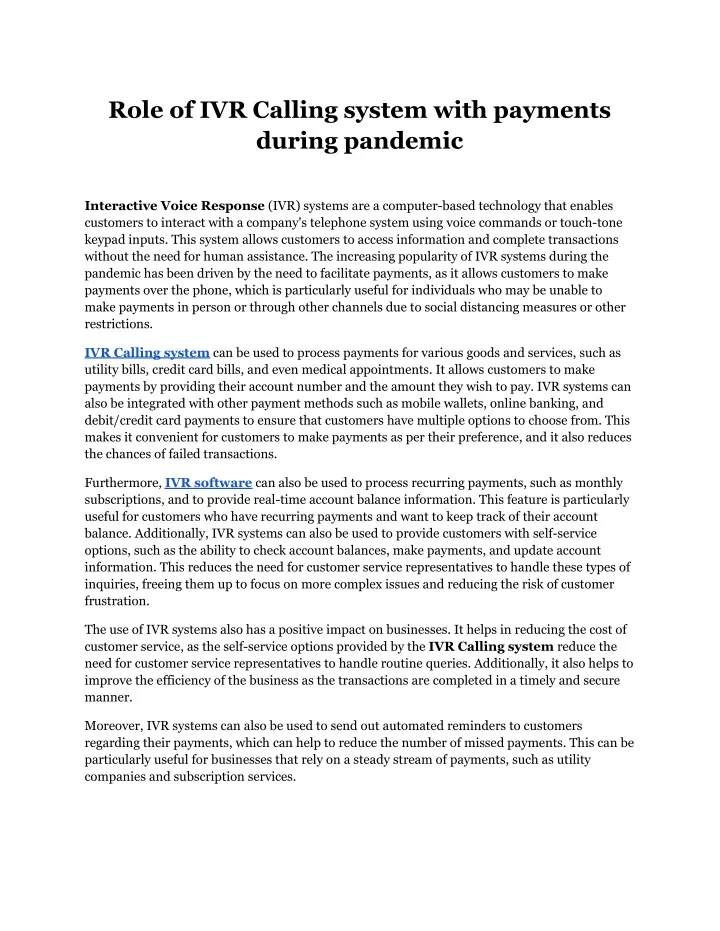 role of ivr calling system with payments during