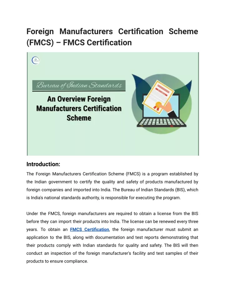 foreign manufacturers certification scheme fmcs