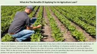 What Are The Benefits Of Applying For An Agriculture Loan?